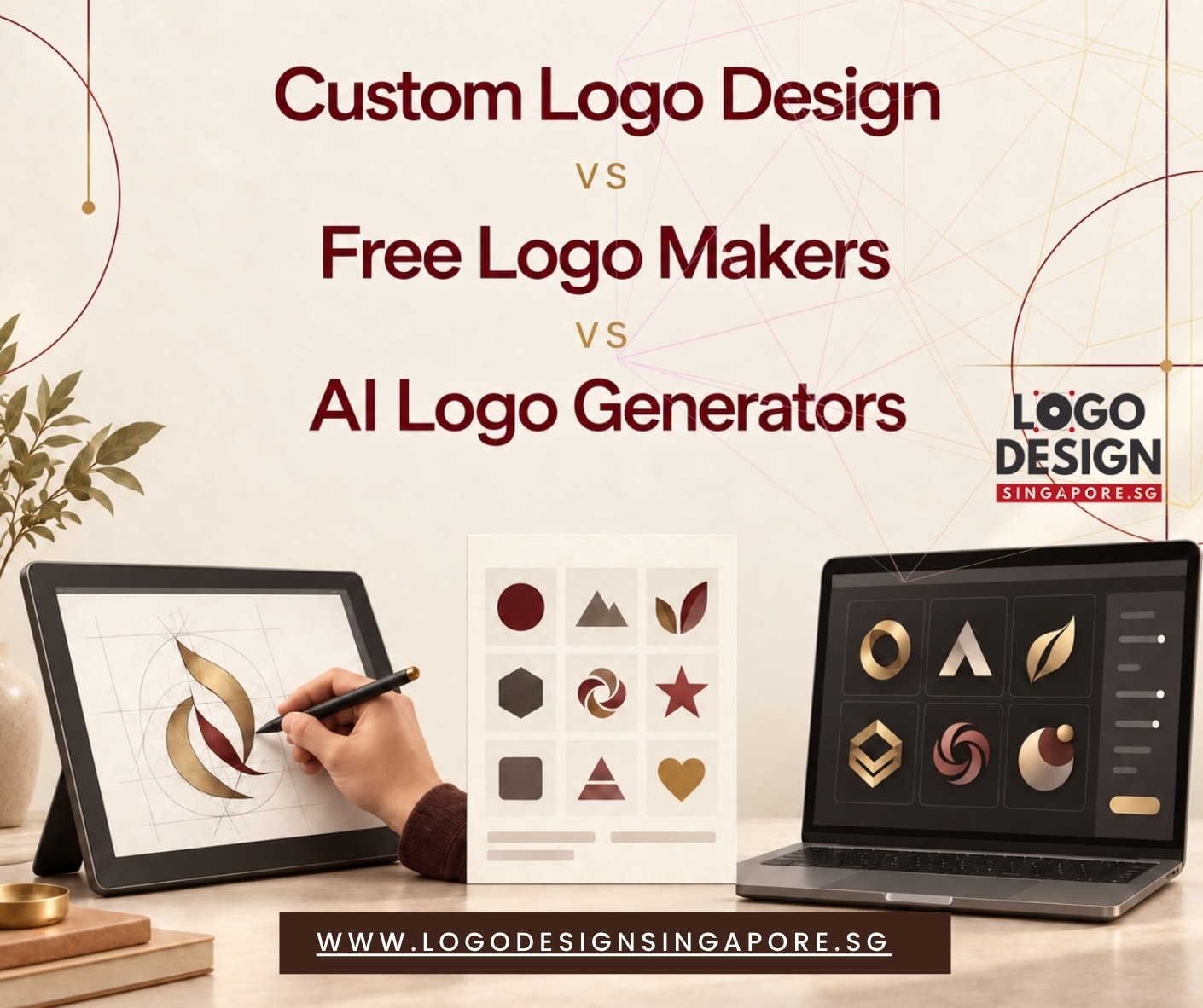 Comparison of custom logo design, free logo maker templates, and AI logo generator tools for businesses